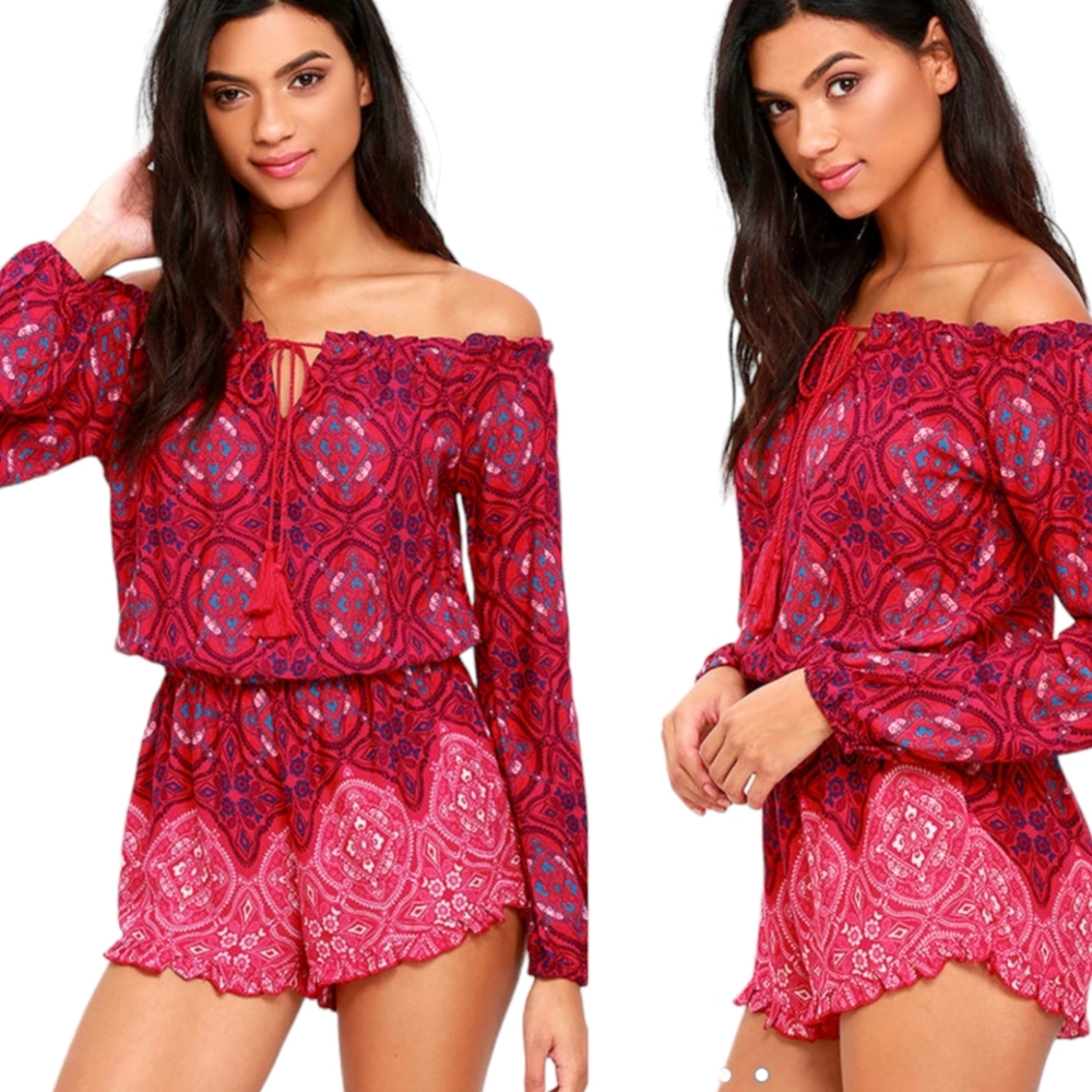 O'Neill Nashville Off Shoulder Red Boho Print Romper Women's Sz Large